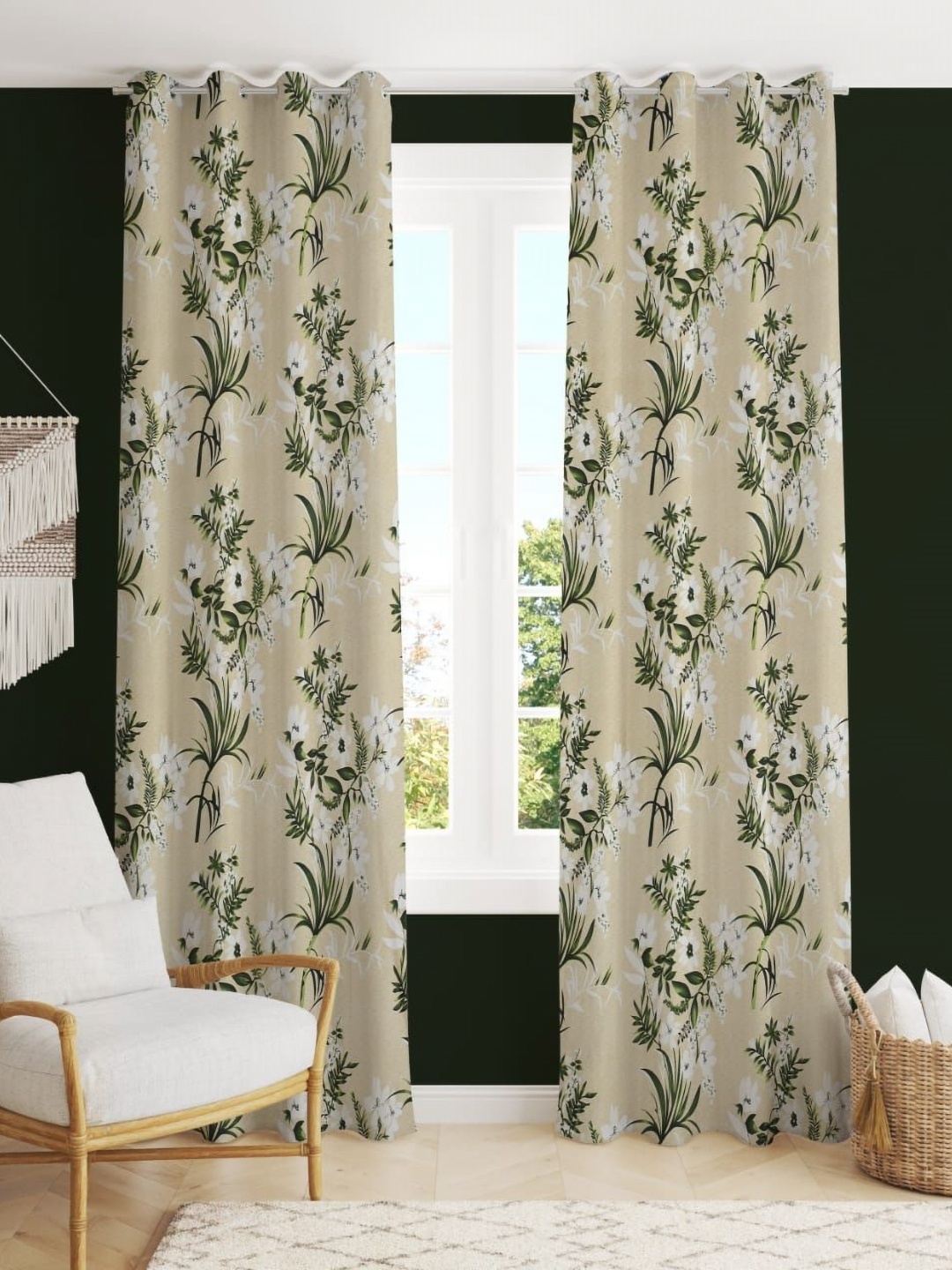

RIDHAAN Green & Beige 2 Pieces Floral Room Darkening Long Door Curtain