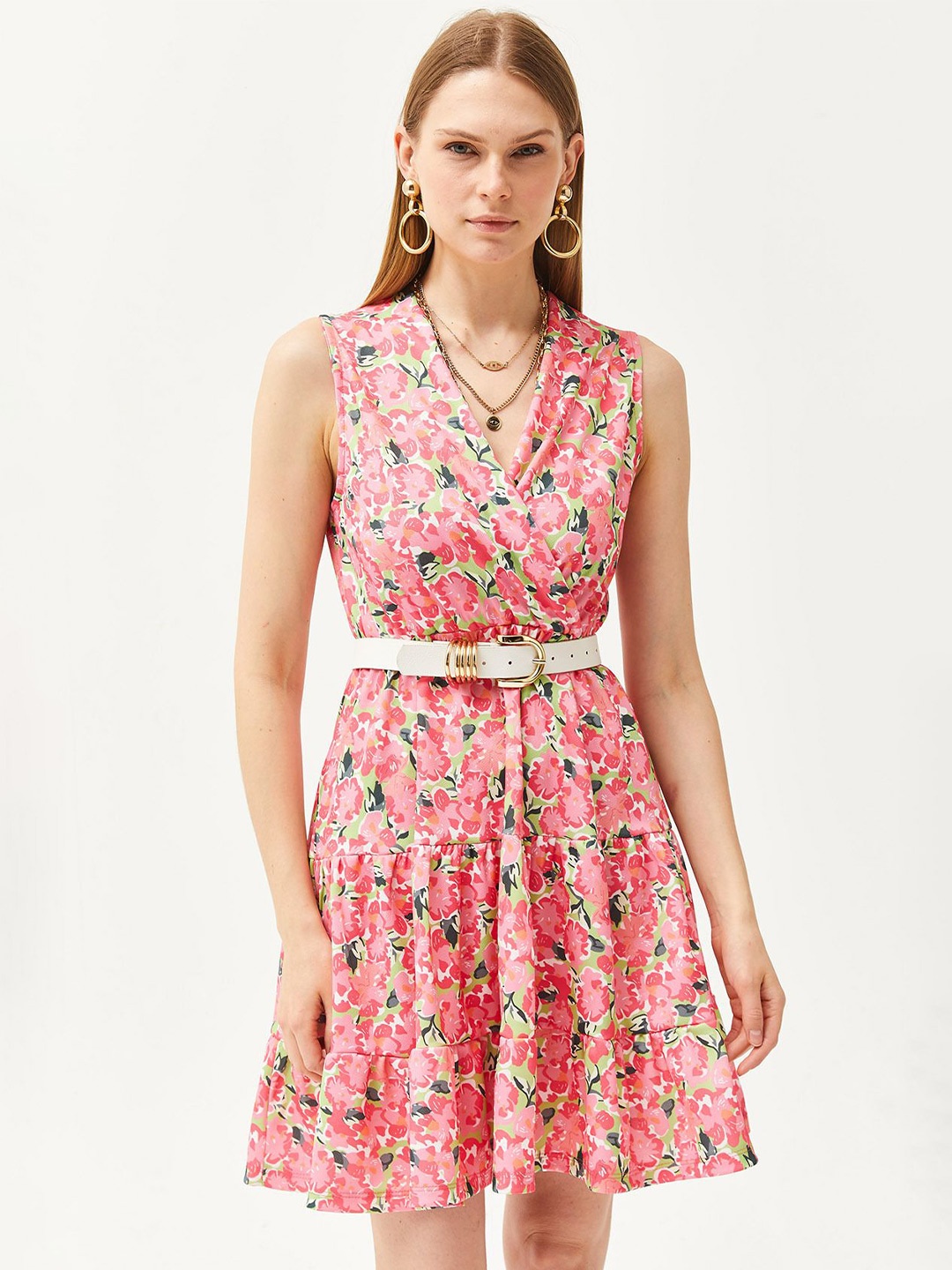 

Olalook Fit & Flare Belted Floral Dress, Pink