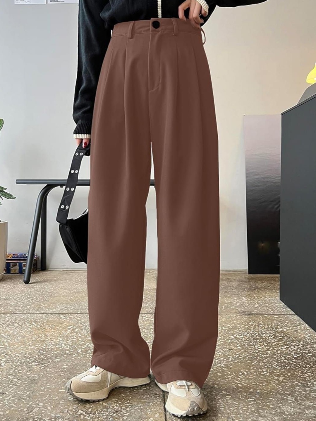 

Next One Women High-Rise Pleated Korean Trousers, Brown