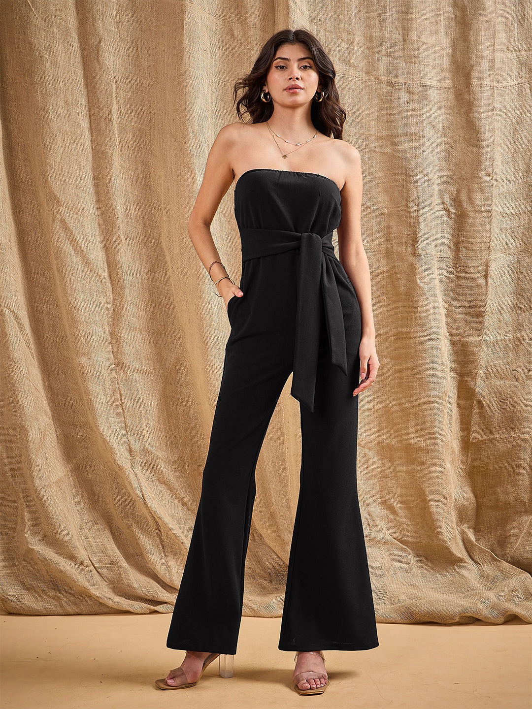 

SASSAFRAS Off-Shoulder Basic Jumpsuit, Black