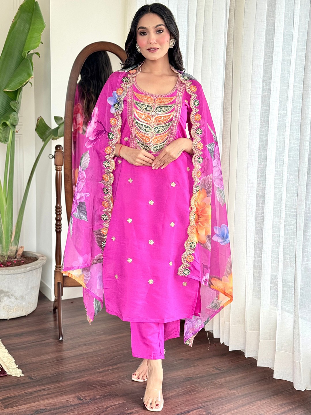 

KALINI Ethnic Motifs Embroidered Chanderi Silk Straight Kurta With Trouser & Dupatta, Pink