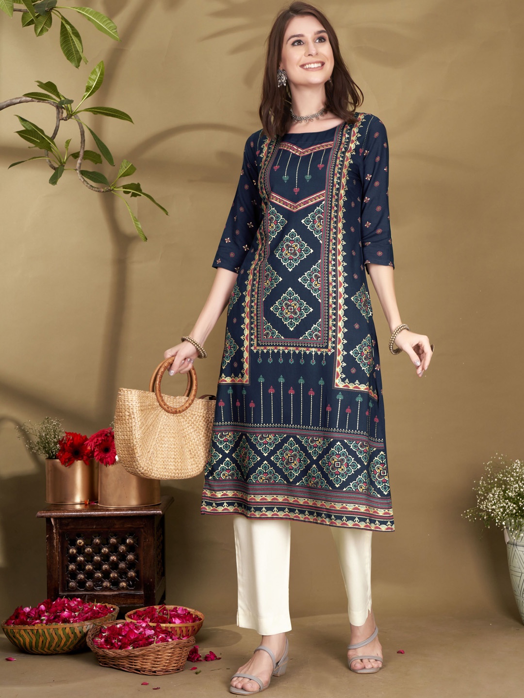 

Anouk Ethnic Motifs Woven Design Straight Kurta, Navy blue