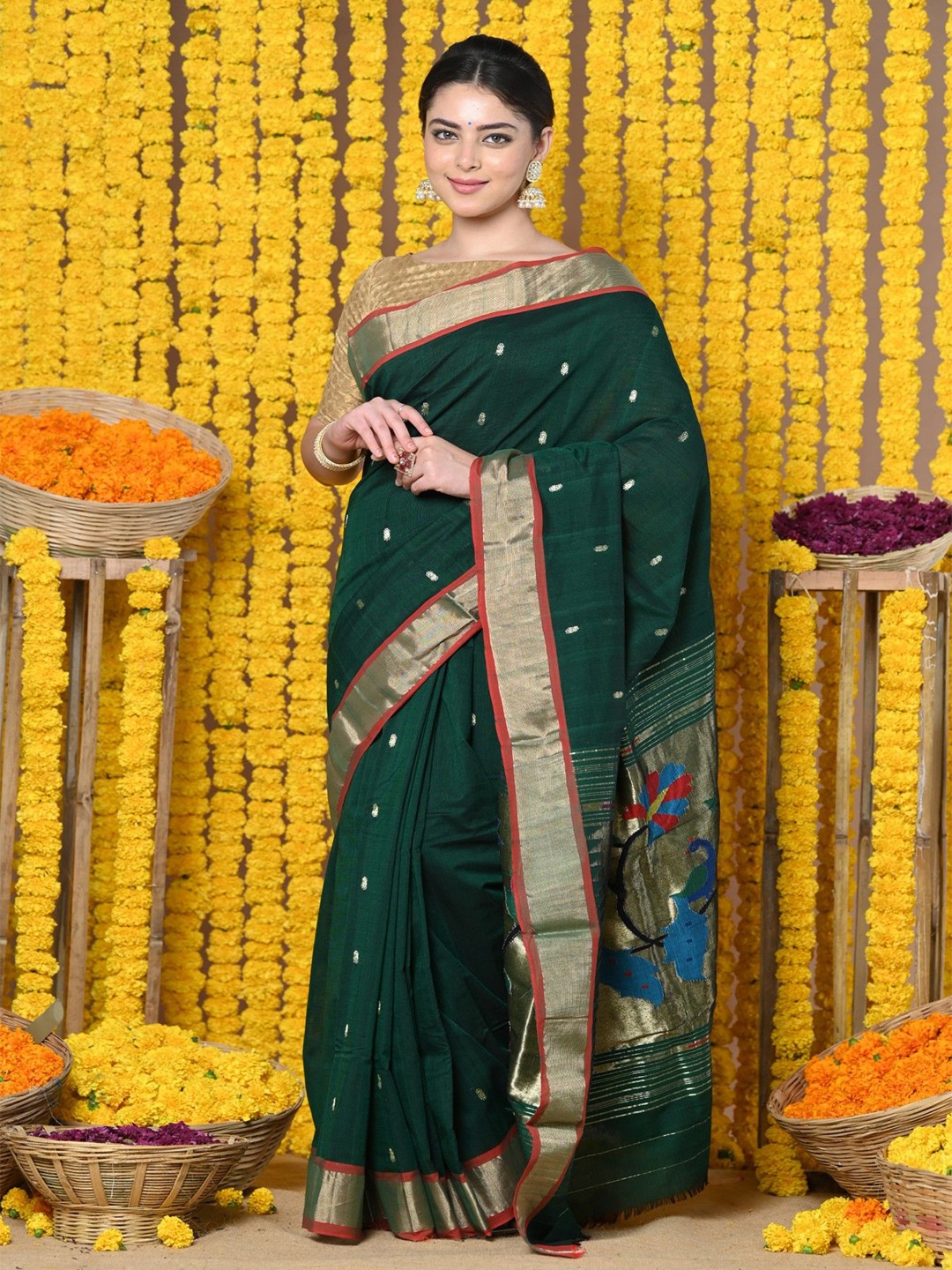 

Very Much Indian Woven Design Zari Pure Cotton Paithani Saree, Green