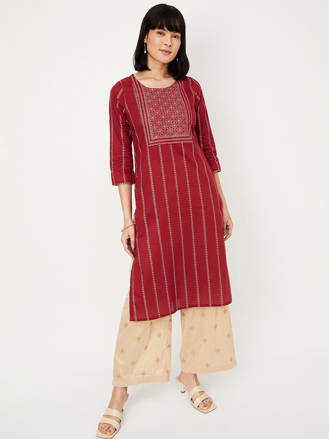 

max Geometric Printed Cotton Straight Kurta, Red