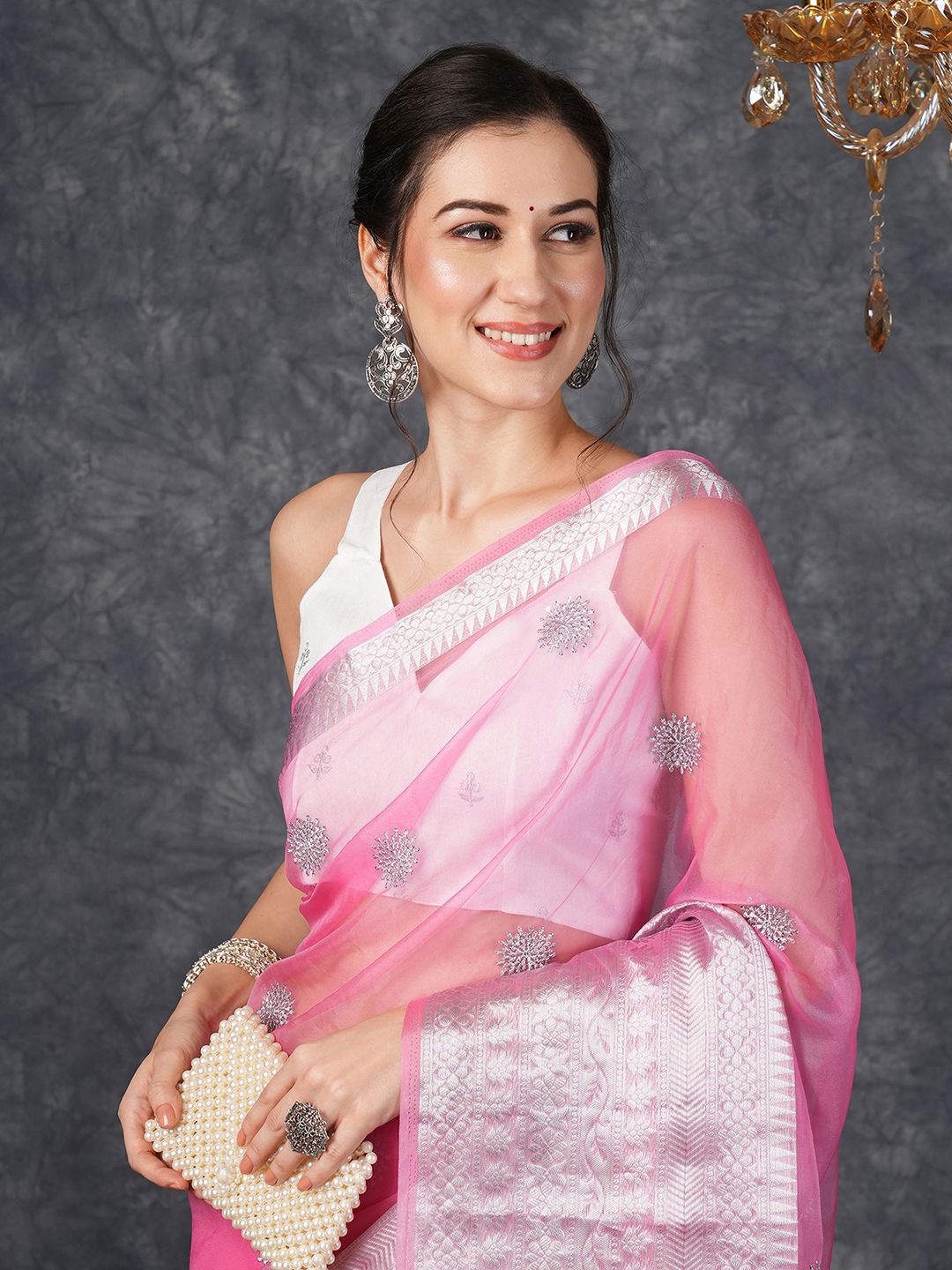 

Satrani Ethnic Motifs Zari Organza Banarasi Saree, Pink