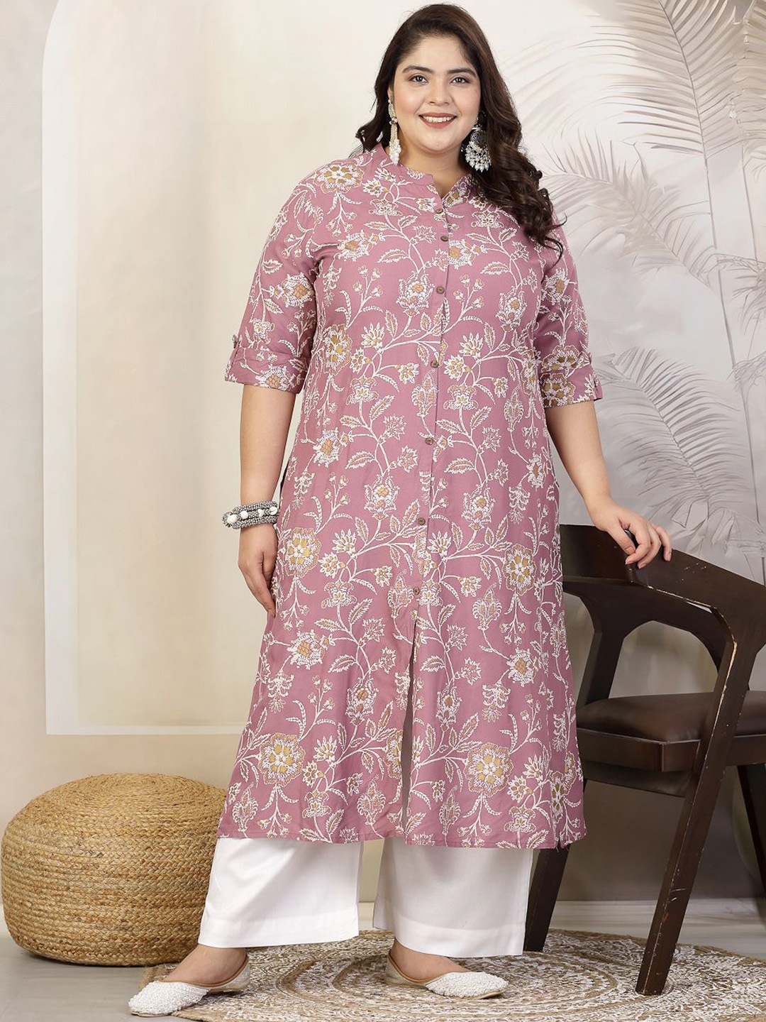 

Little More By Stylum Women Floral Printed Pastels Kurta, Mauve