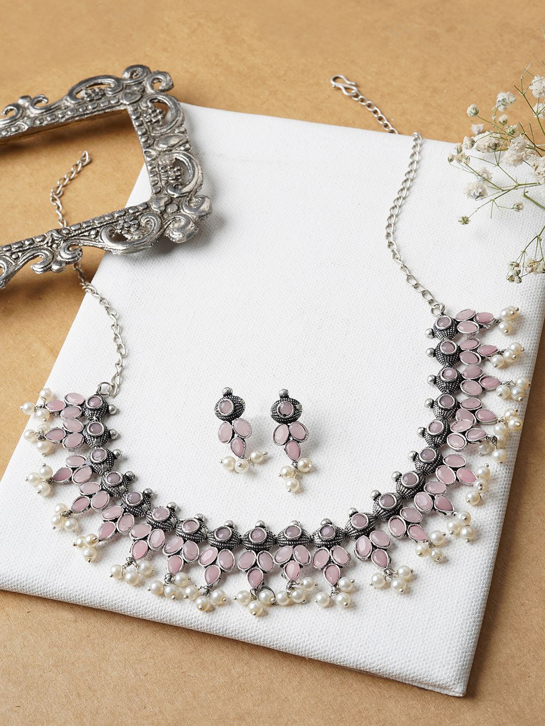 

TEEJH Stone Studded & Beaded Oxidised Jewellery Set, Silver