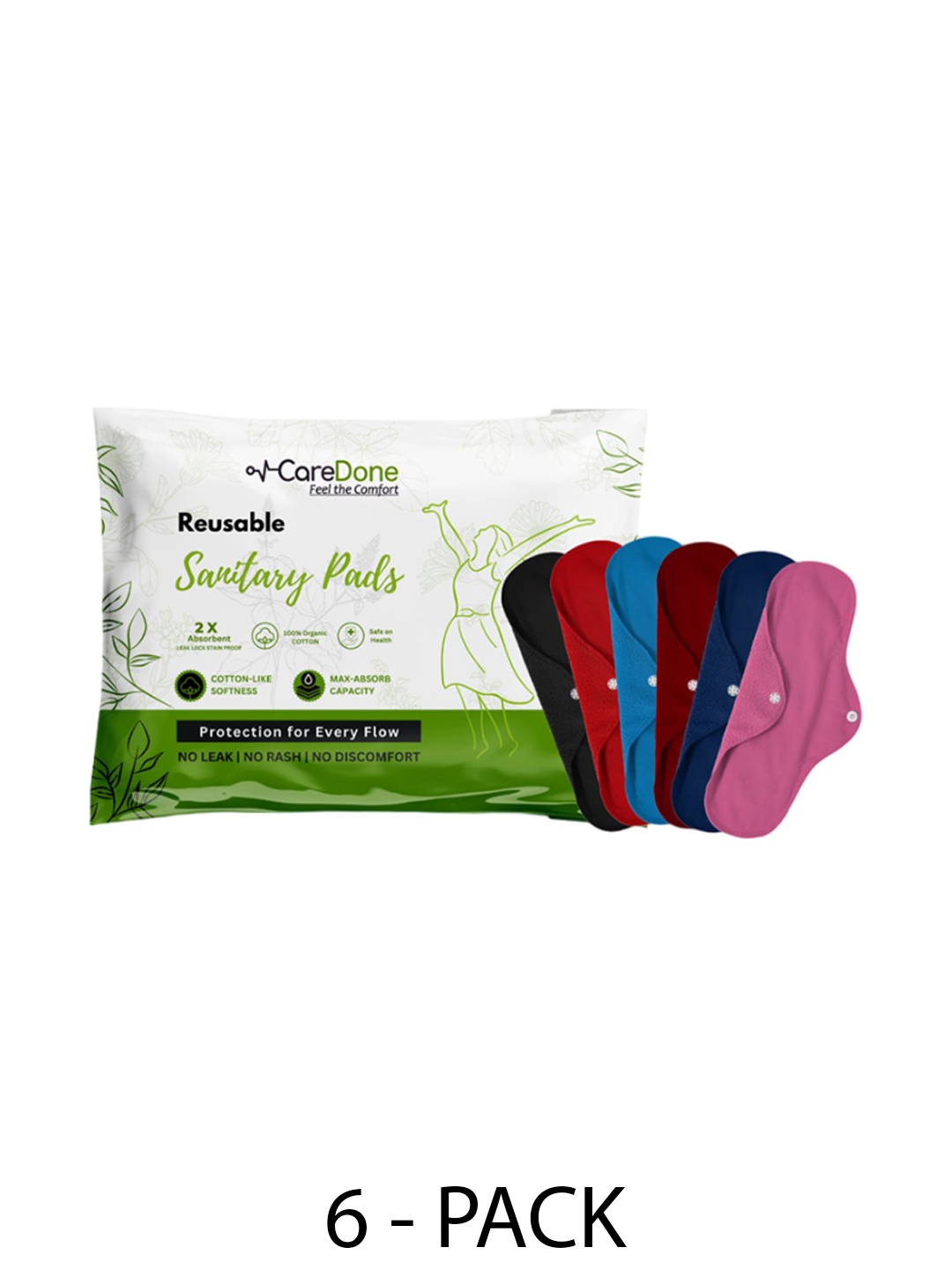 

CareDone Set Of 6 Reusable 100% Organic Cotton Sanitary Cloth Pads - XL, Red