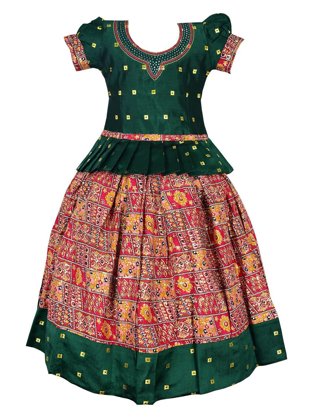 

AMIRTHA FASHION Girls Embroidered Sequinned Foil Print Ready to Wear Lehenga & Blouse, Green