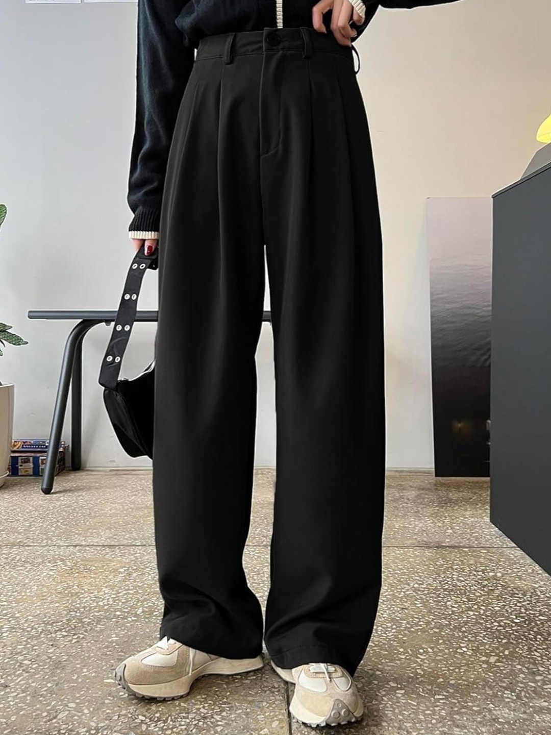 

Next One Women High-Rise Pleated Korean Trousers, Black