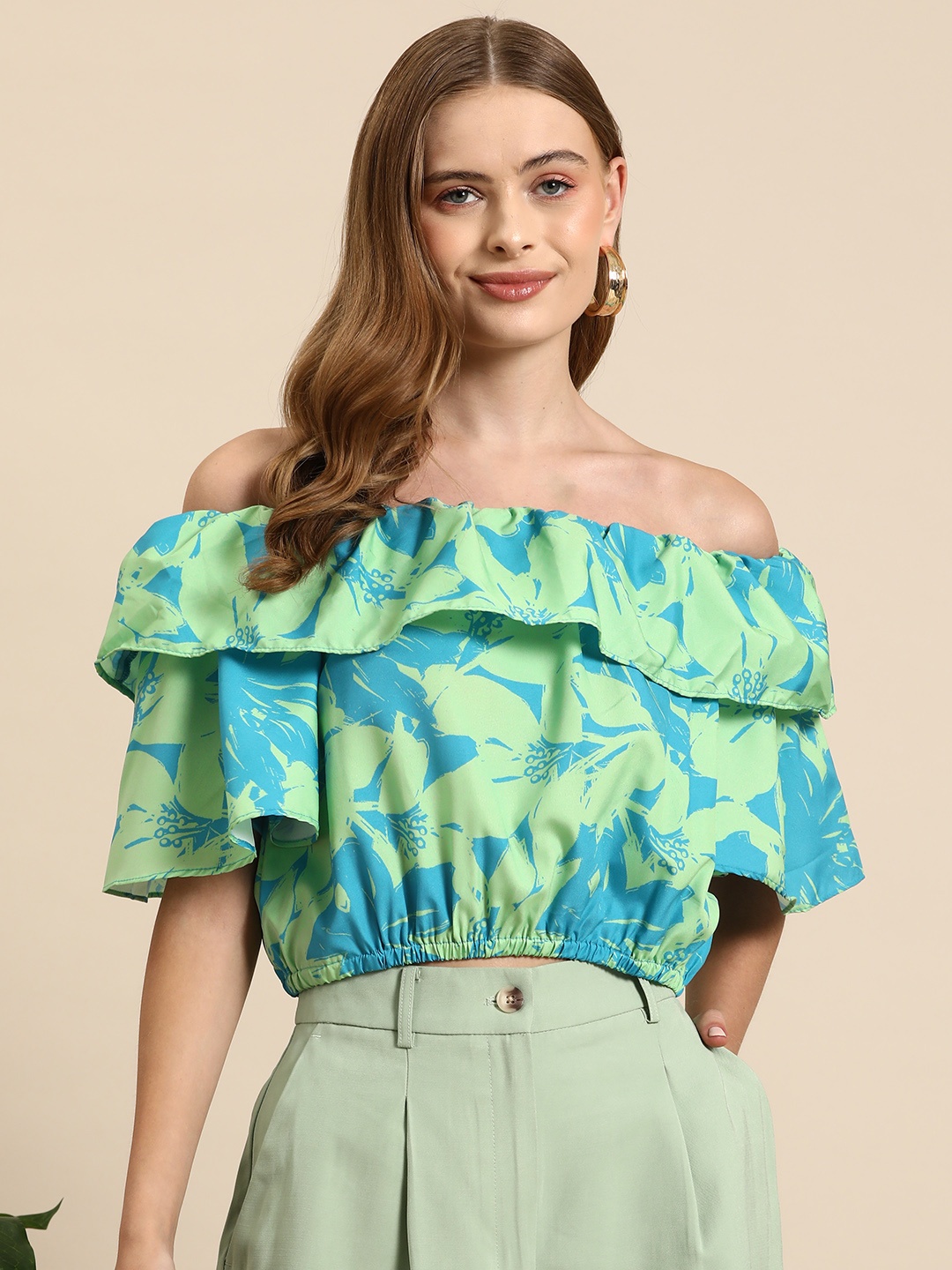 

Mast & Harbour Floral Print Off-Shoulder Ruffles Bardot Top, Green