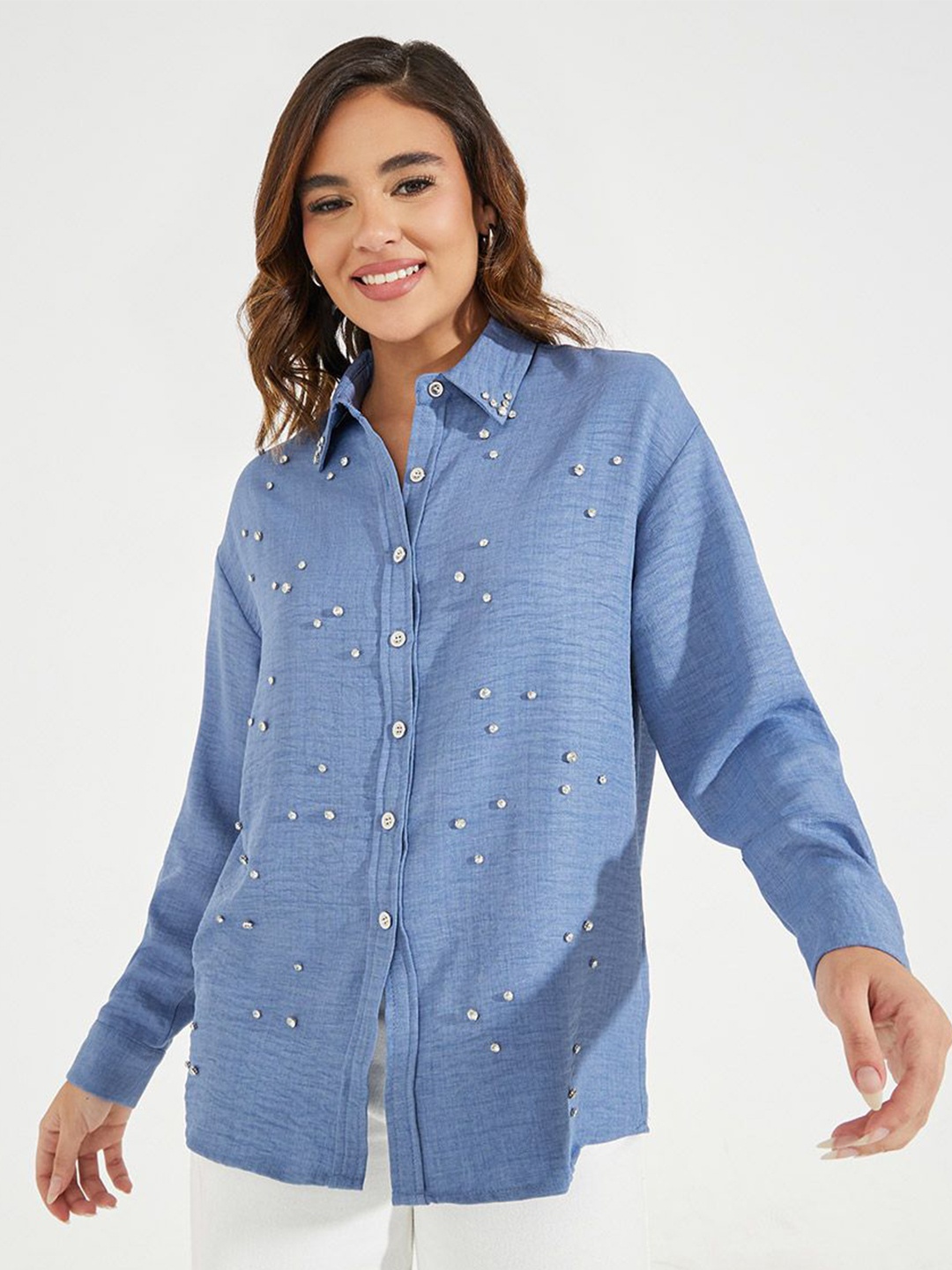 

Women All Over Embelishment Oversized Longline Shirt, Blue