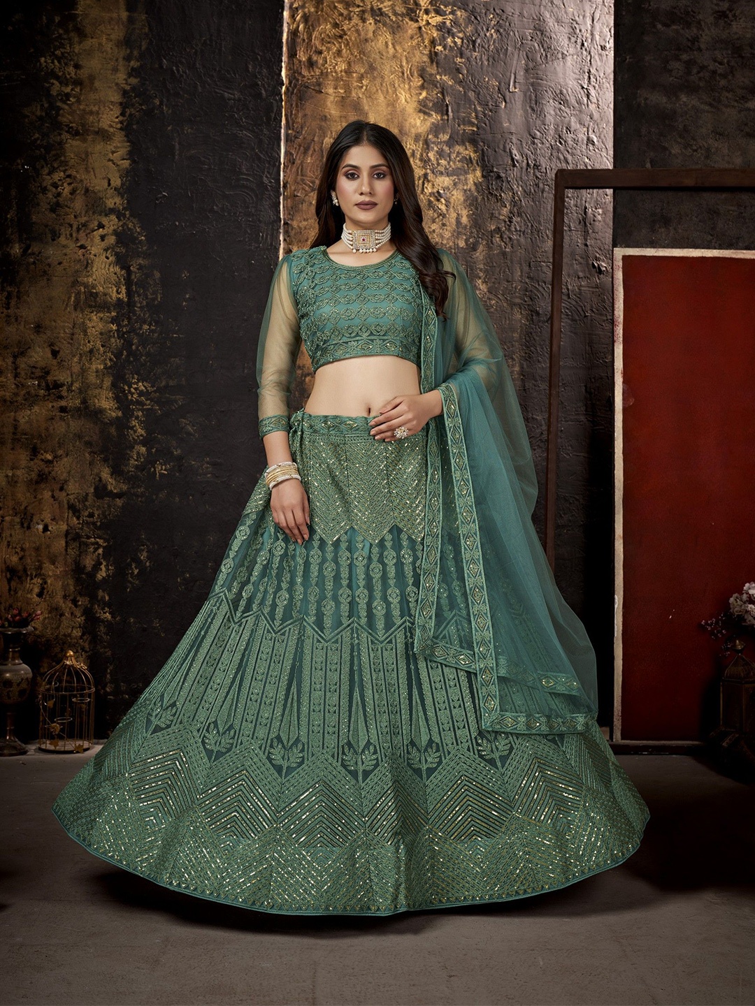 

VARNI FABRICS Embroidered Semi-Stitched Lehenga & Unstitched Blouse With Dupatta, Green