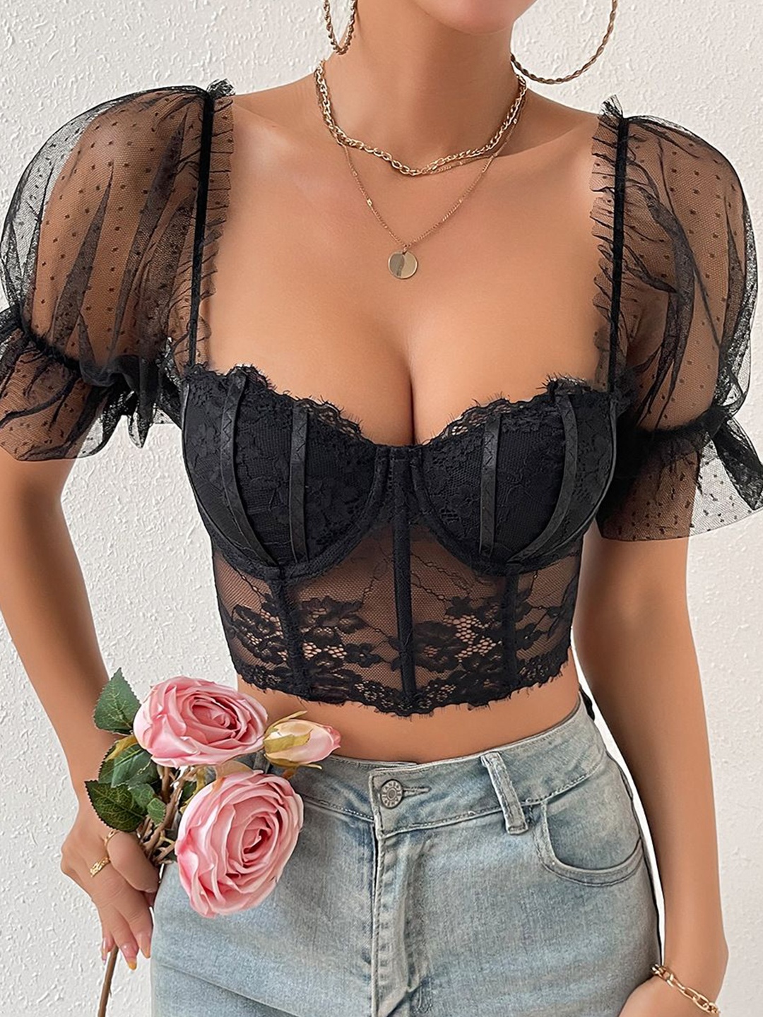 

StyleCast Sweetheart Neck Flared Sleeve Bralette Crop Top, Black