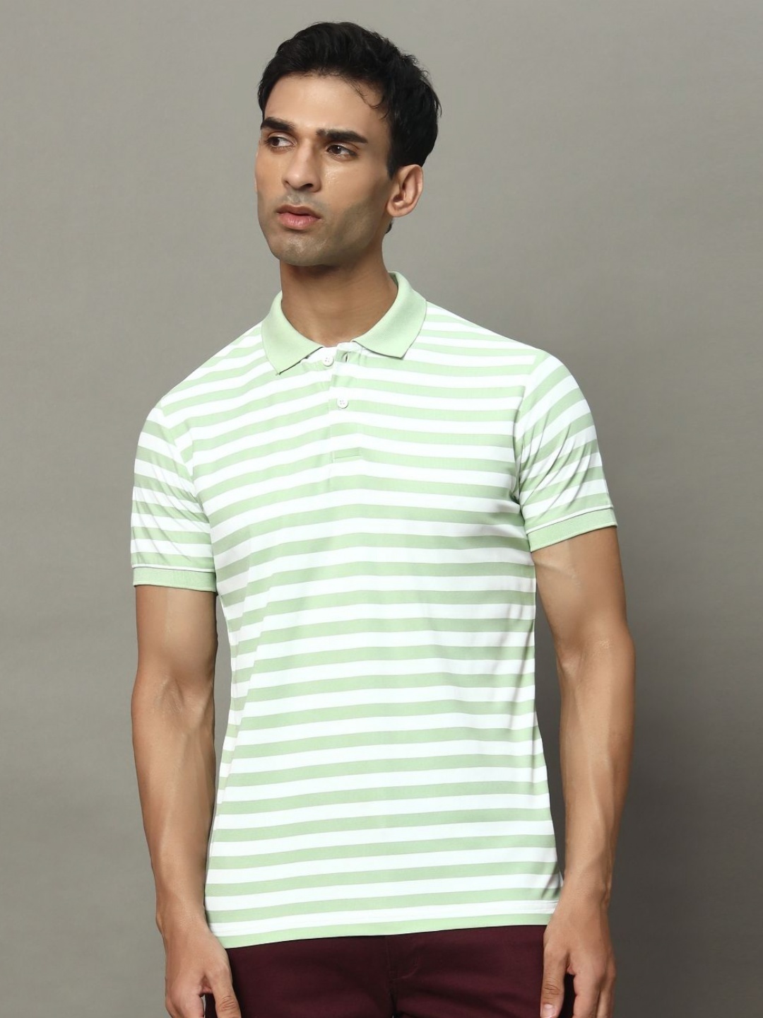 

OGEN Men Striped Polo Collar Pockets T-shirt, Sea green