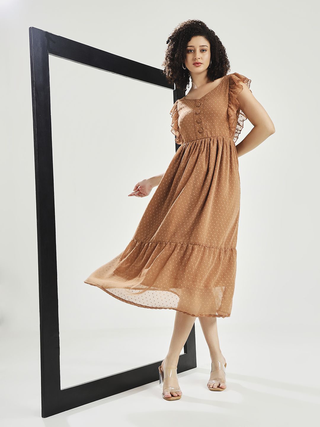 

CARTYSHOP Georgette Fit & Flare Midi Dress, Brown