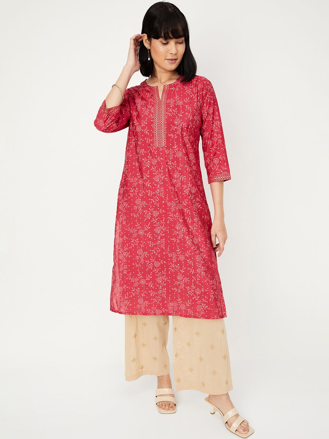 

max Floral Printed Notch Neck Regular Straight Kurta, Pink