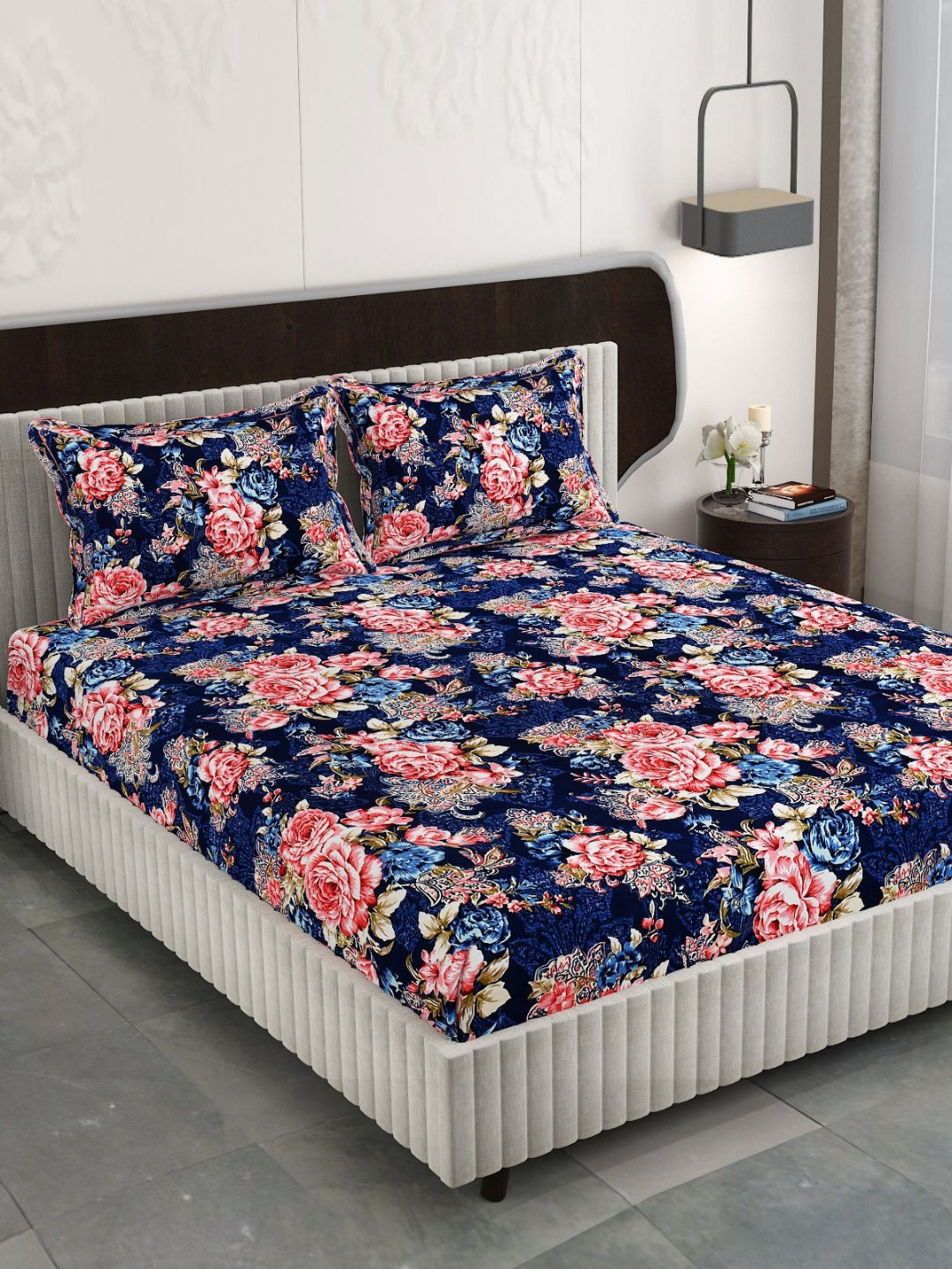

FINE TEX WORLD Navy Blue & Pink Floral 210 TC King Bedsheet with 2 Pillow Covers