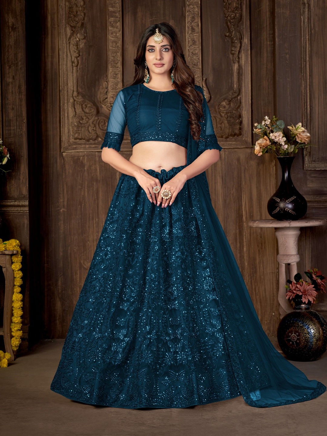 

VARNI FABRICS Embroidered Semi-Stitched Lehenga & Unstitched Blouse With Dupatta, Teal