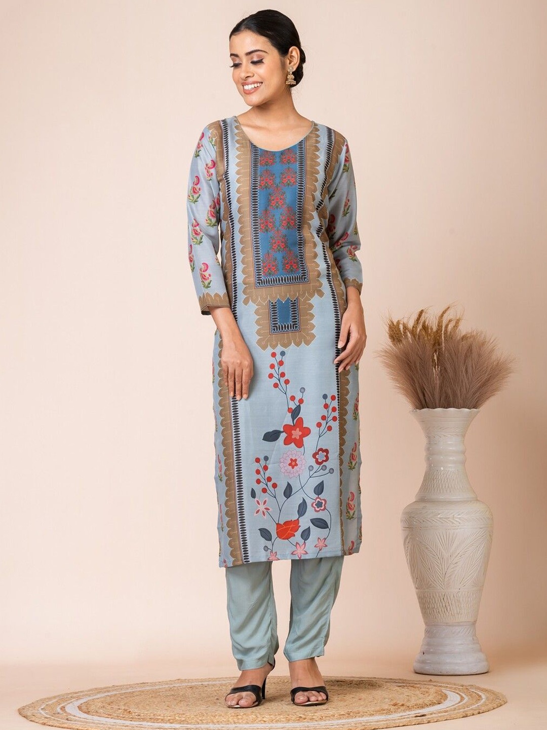 

SARSO Ethnic Motifs Printed Straight Kurta, Blue