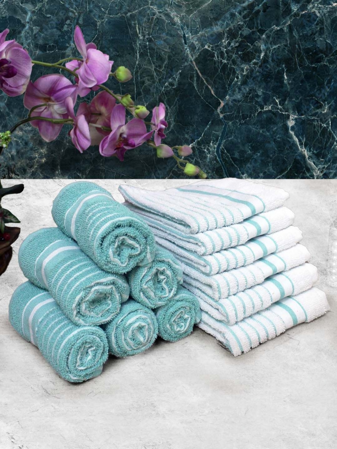 

Aura 12Pcs White & Blue Striped Pure Cotton 150 GSM Hand Towels
