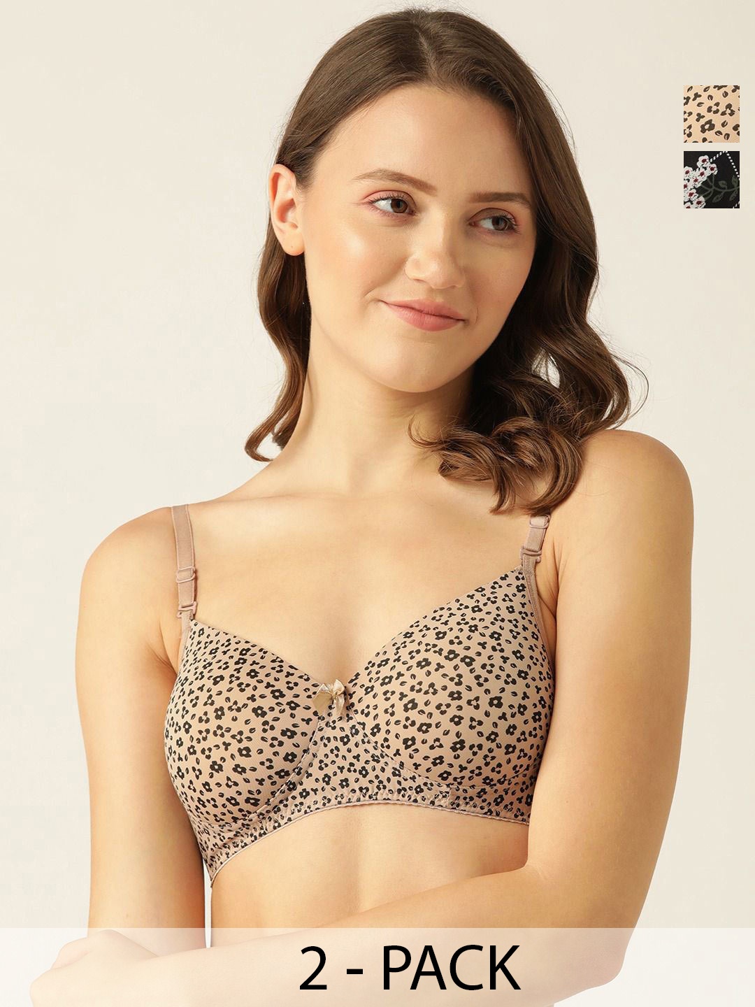 

Lady Lyka Pack Of 2 Floral Printed Medium Coverage Lightly Padded T-shirt Bra, Beige
