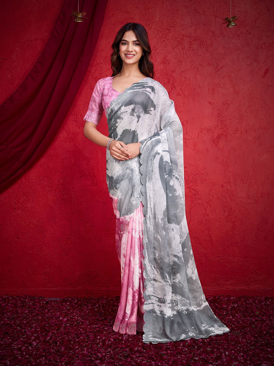 

Mitera Tie and Dye Beads and Stones Poly Chiffon Half and Half Saree, Grey
