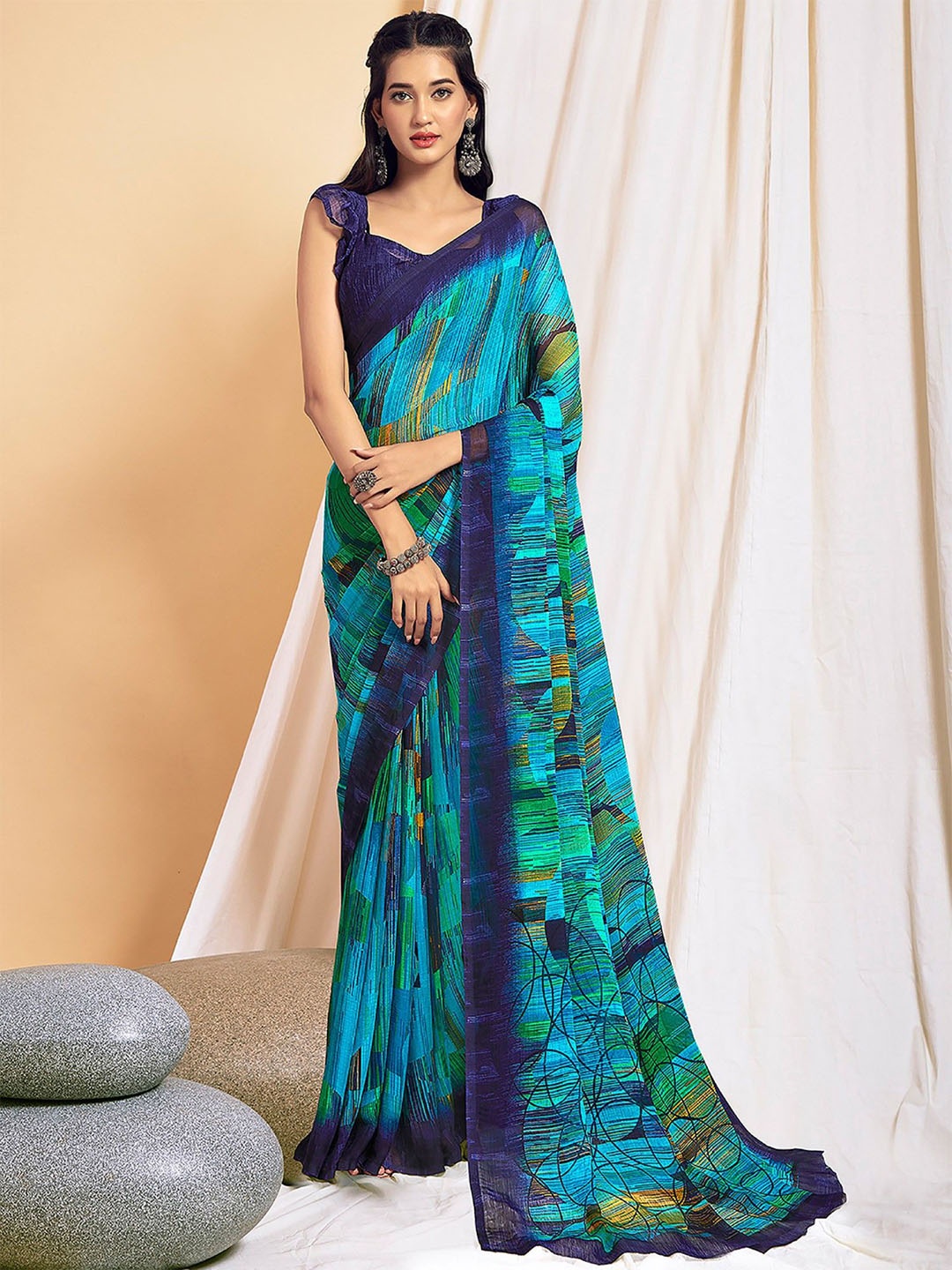 

KALINI Poly Chiffon Saree, Blue