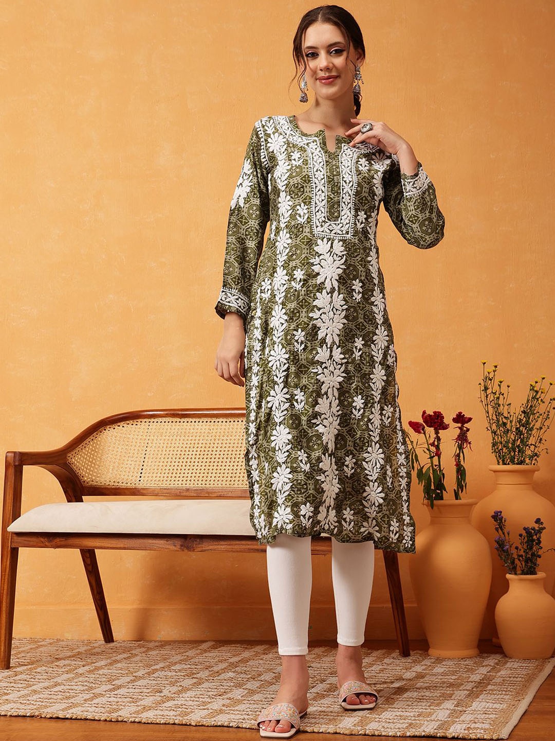 

ADA Women Ethnic Motifs Embroidered Chikankari Chanderi Silk Kurta, Olive