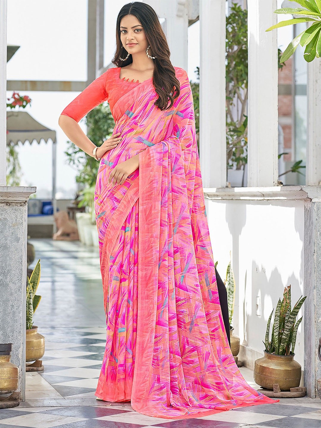 

KALINI Poly Chiffon Saree, Pink