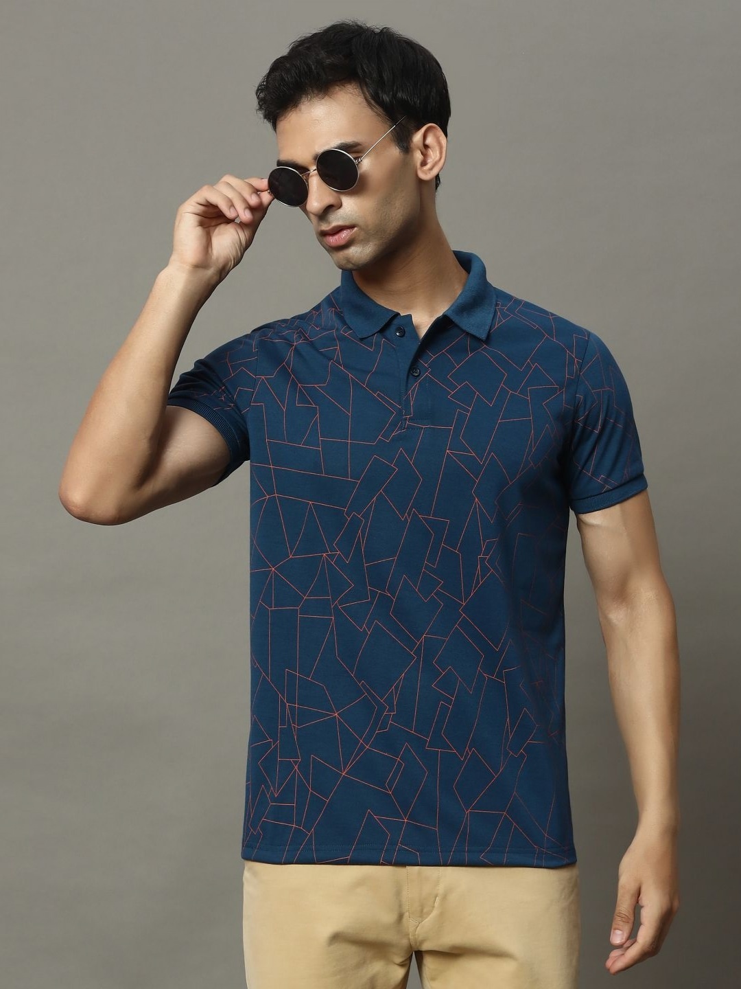

OGEN Men Printed Polo Collar Pockets T-shirt, Blue