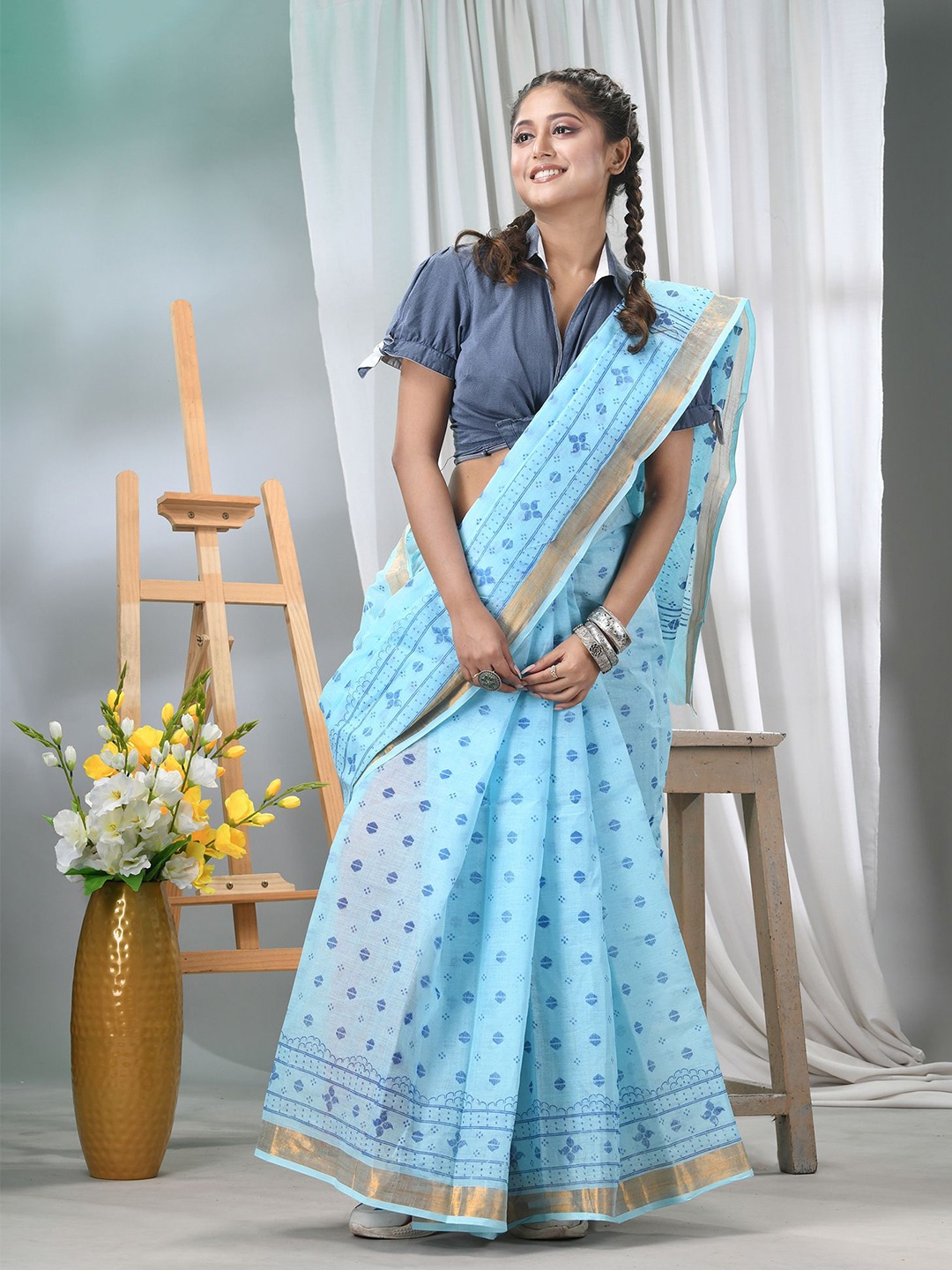 

TANTLOOM Ethnic Motifs Zari Pure Cotton Taant Saree, Blue