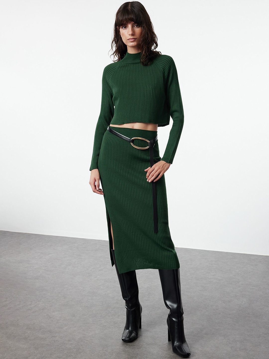 

Trendyol Striped High Neck Acrylic Sweater With Skirt, Green