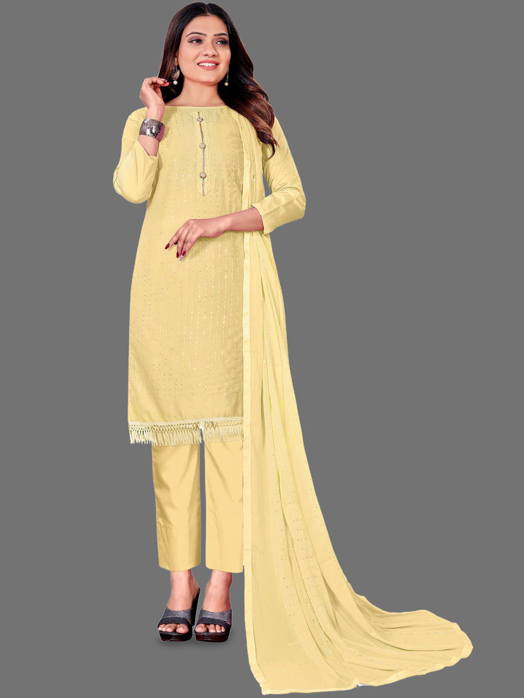 

Aika Sequinned Unstitched Dress Material, Yellow