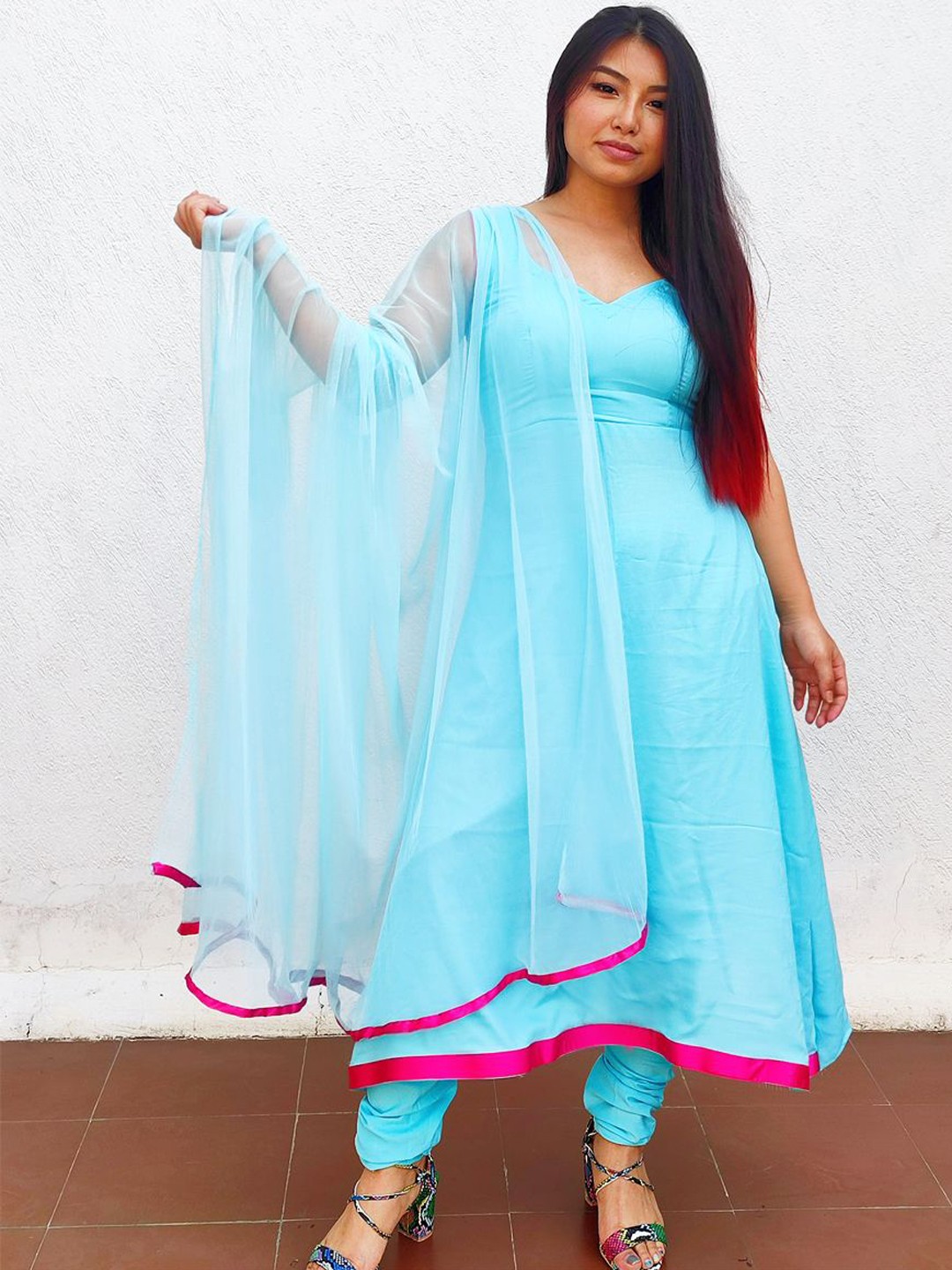 

VIRAGO V Neck Anarkali Kurta & Churidar With Dupatta, Blue