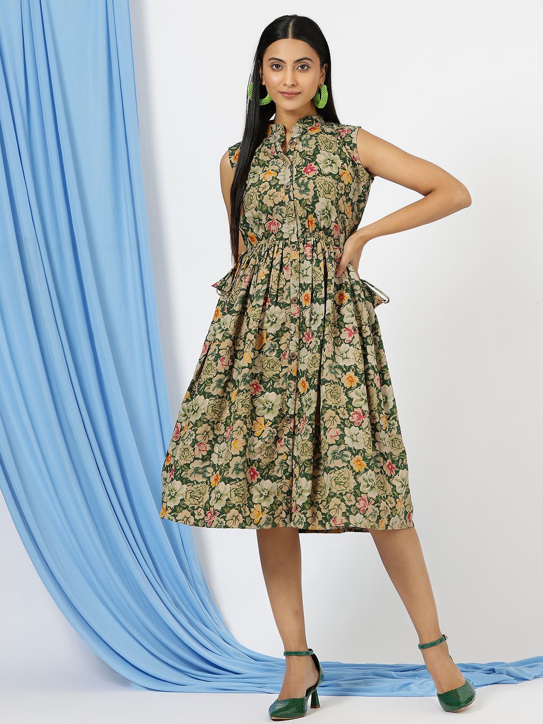 

Divyadham Textiles Floral Printed Fit and Flare Dress, Green