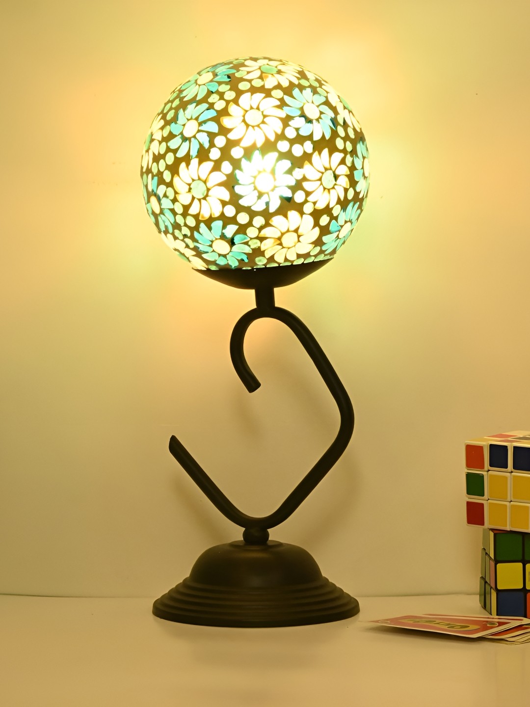 

Afast White & Blue Textured Spherical Glass Table Lamp With Adjustable Cord