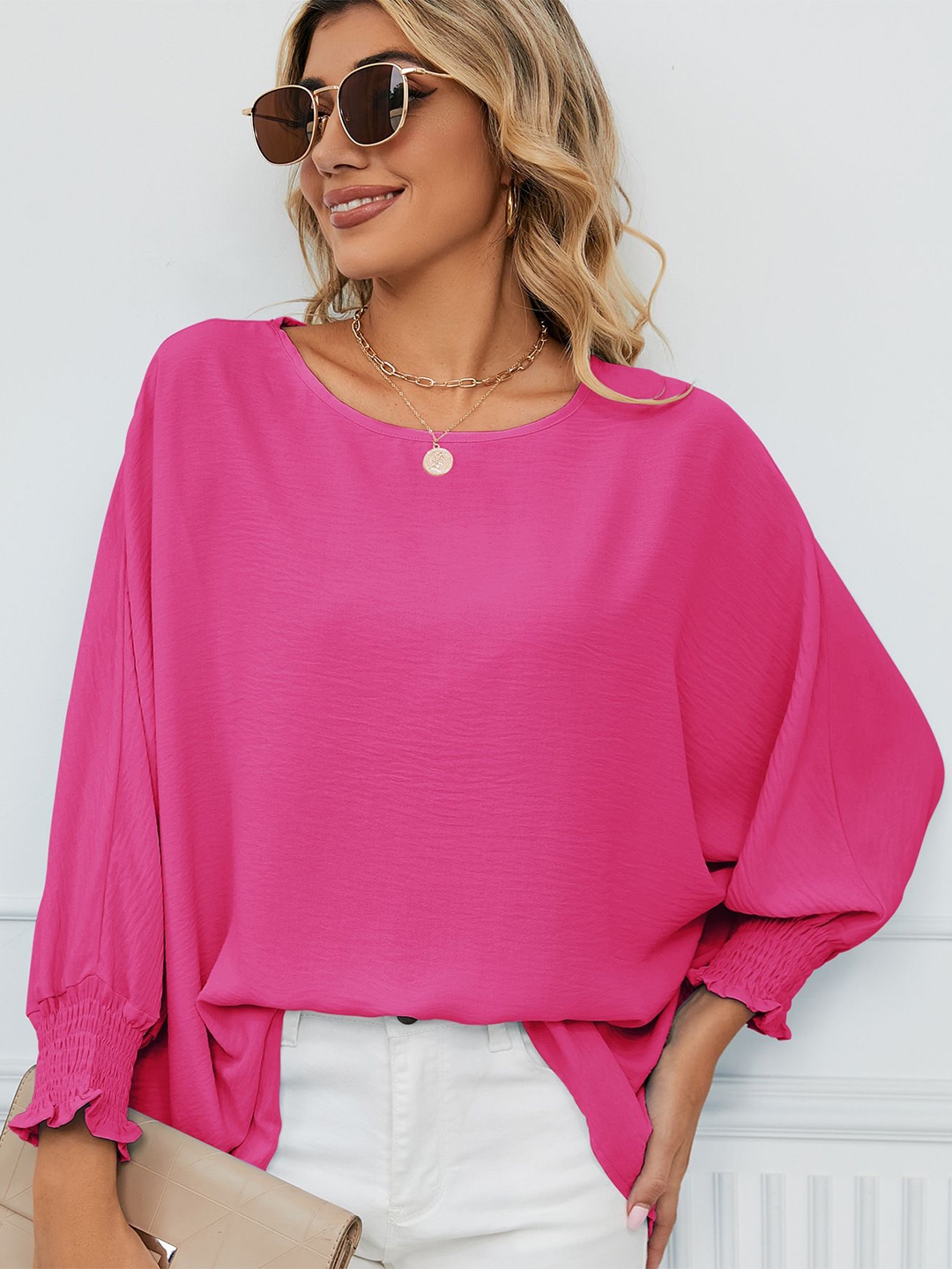 

StyleCast Batwing Sleeve Chiffon Longline Top, Pink