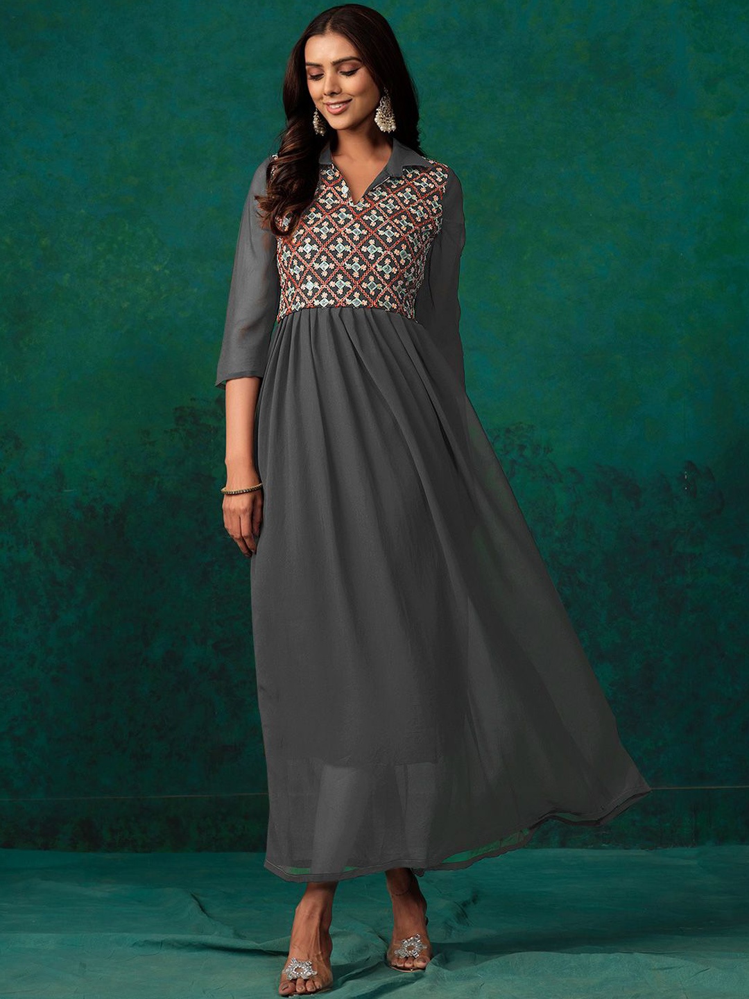 

Sangria Women Ethnic Motifs Embroidered Georgette Anarkali Dress, Grey