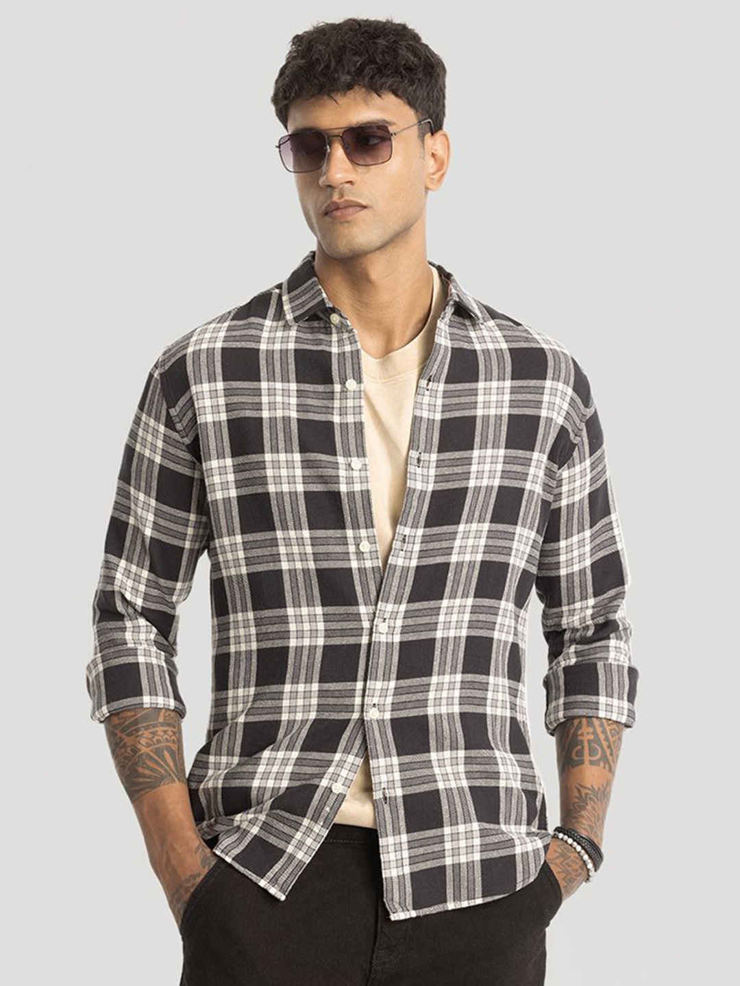 

Snitch Men Smart Slim Fit Opaque Checked Casual Shirt, Black