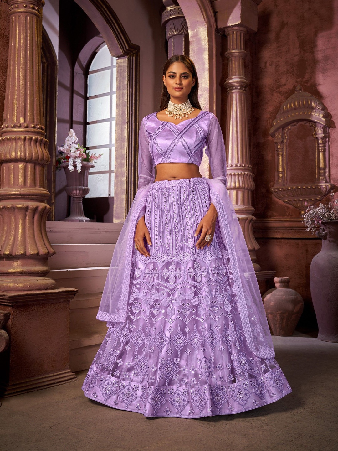 

VARNI FABRICS Embroidered Semi-Stitched Lehenga & Unstitched Blouse With Dupatta, Lavender