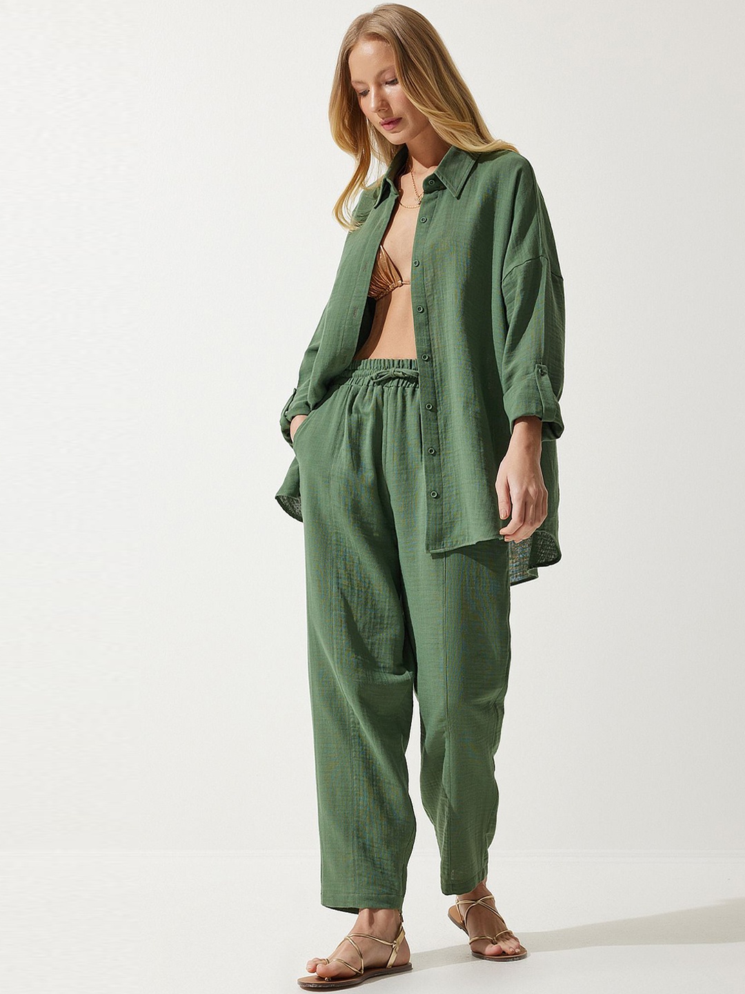 

Happiness istanbul Pure Cotton Shirt With Trousers, Green