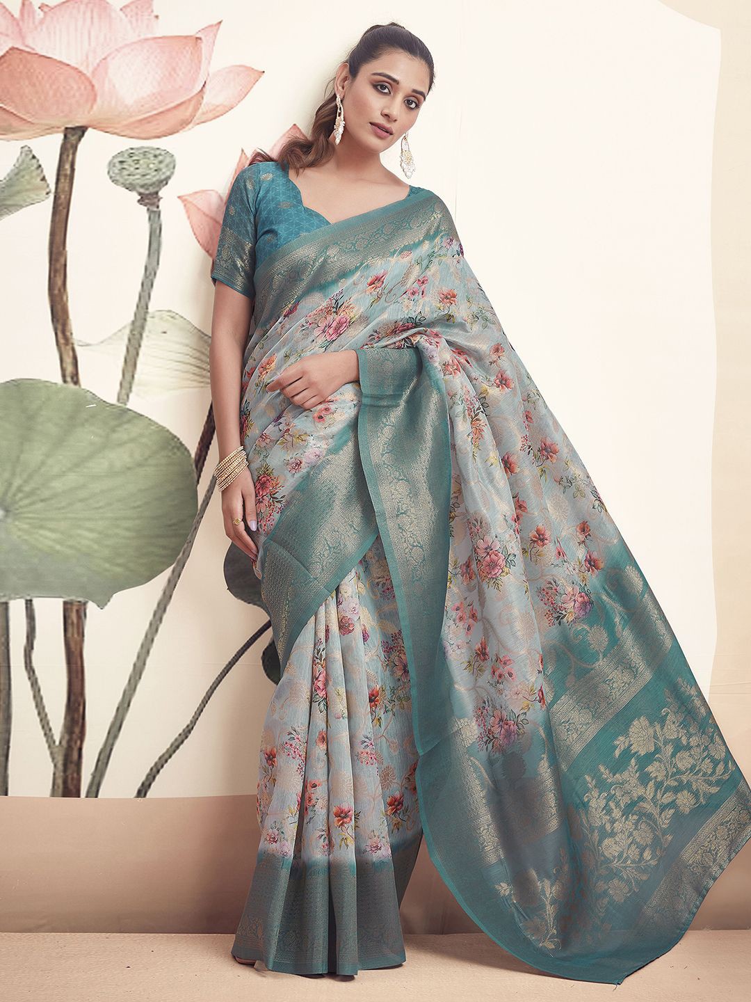 

Mitera Floral Zari Pure Cotton Banarasi Saree, Blue