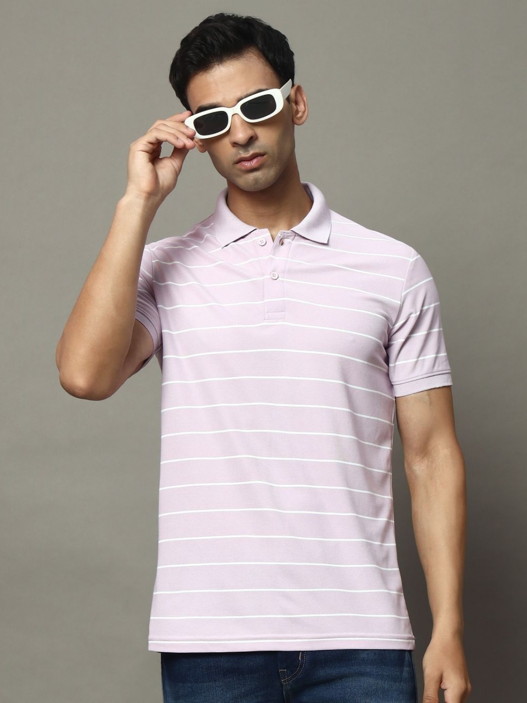 

OGEN Men Striped Polo Collar Pockets T-shirt, Lavender