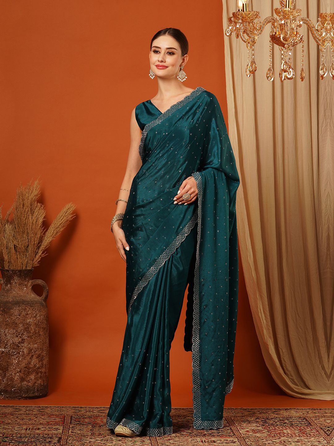 

KALINI Embellished Beads and Stones Tissue Mysore Silk Saree, Turquoise blue