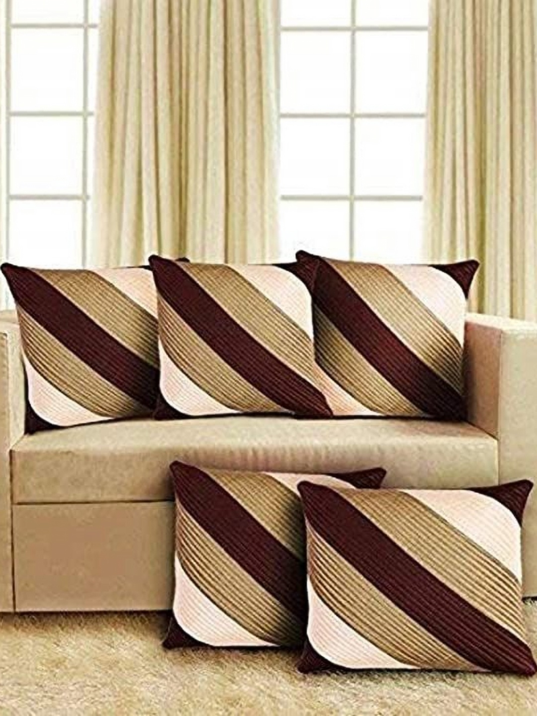 

Creeva Gold Toned & Brown 5 Pieces Striped Silk Square Cushion Covers