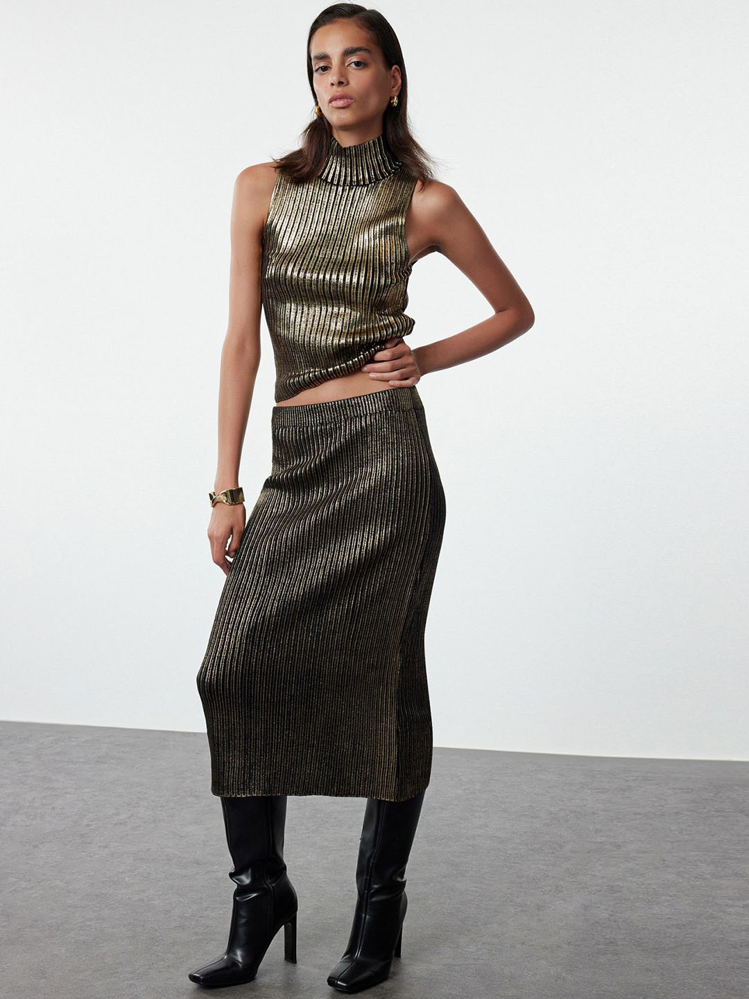 

Trendyol Striped High Neck Acrylic Top With Skirt, Gold