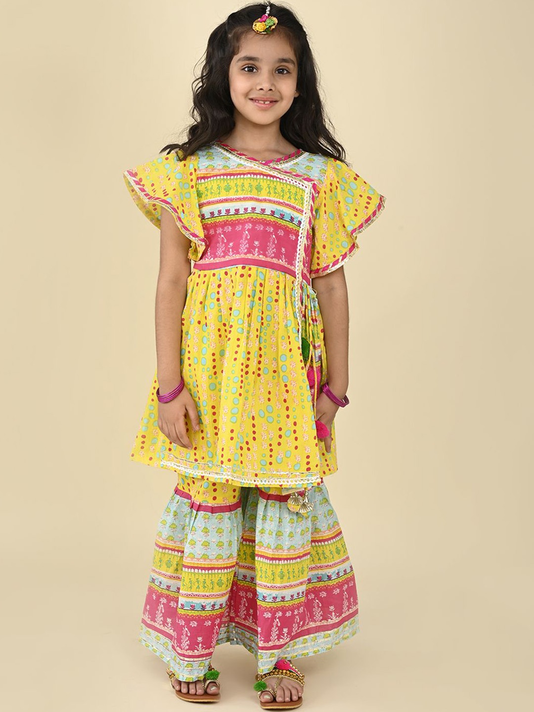 

LIL PITAARA Girls Floral Printed Gotta Patti Pure Cotton Kurti with Sharara, Yellow