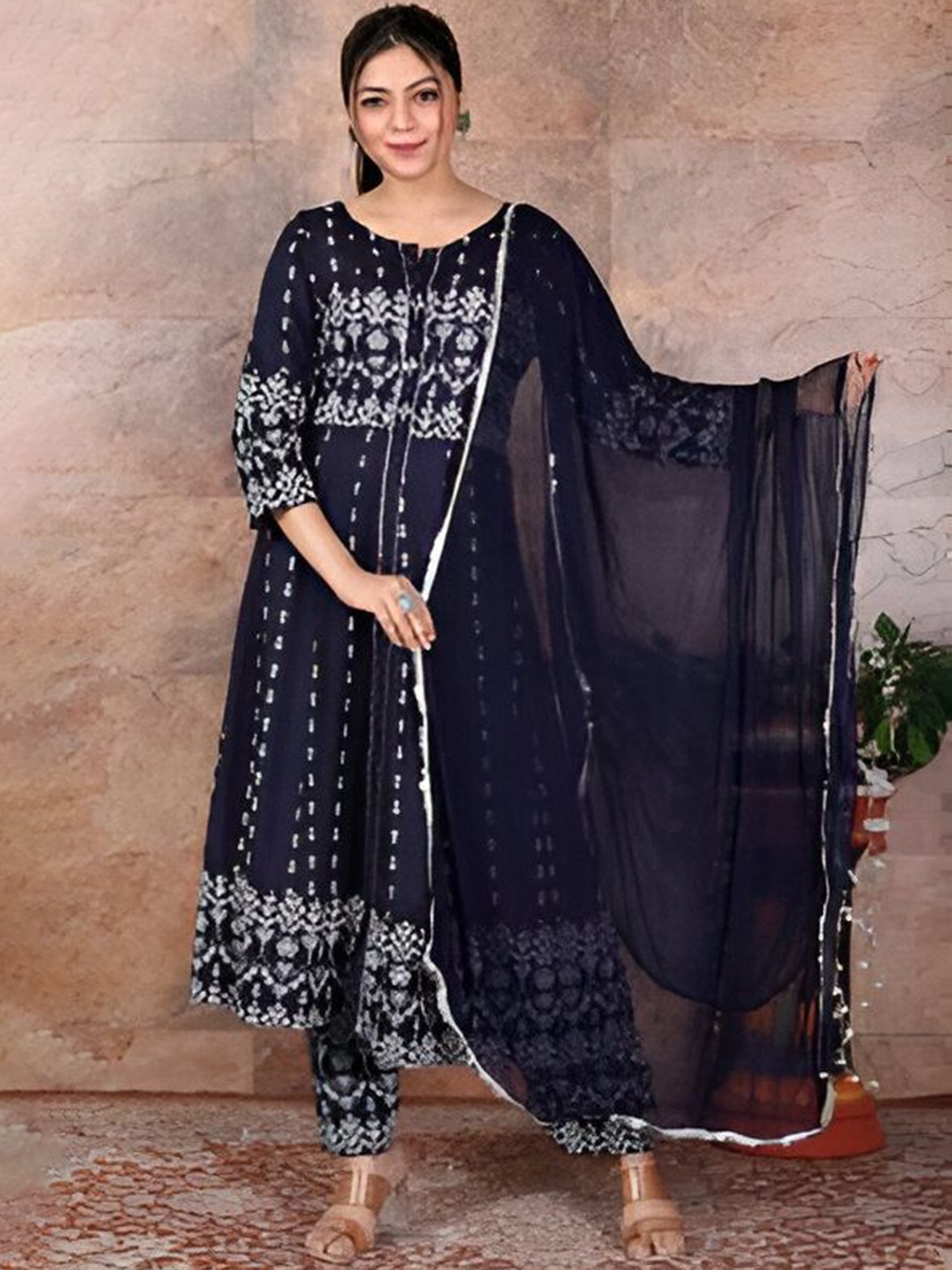 

Parth Fab Ethnic Motifs Printed Kurta A-Line With Trousers & Dupatta, Blue
