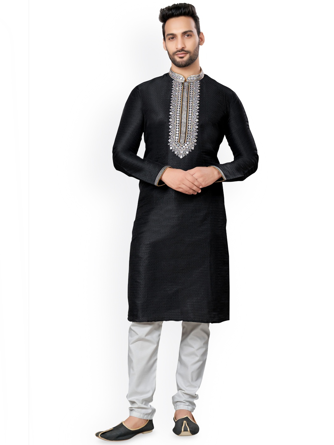 

BERISTON Ethnic Motifs Woven Design Thread Work Pure Silk Straight Kurta with Pyjamas, Black